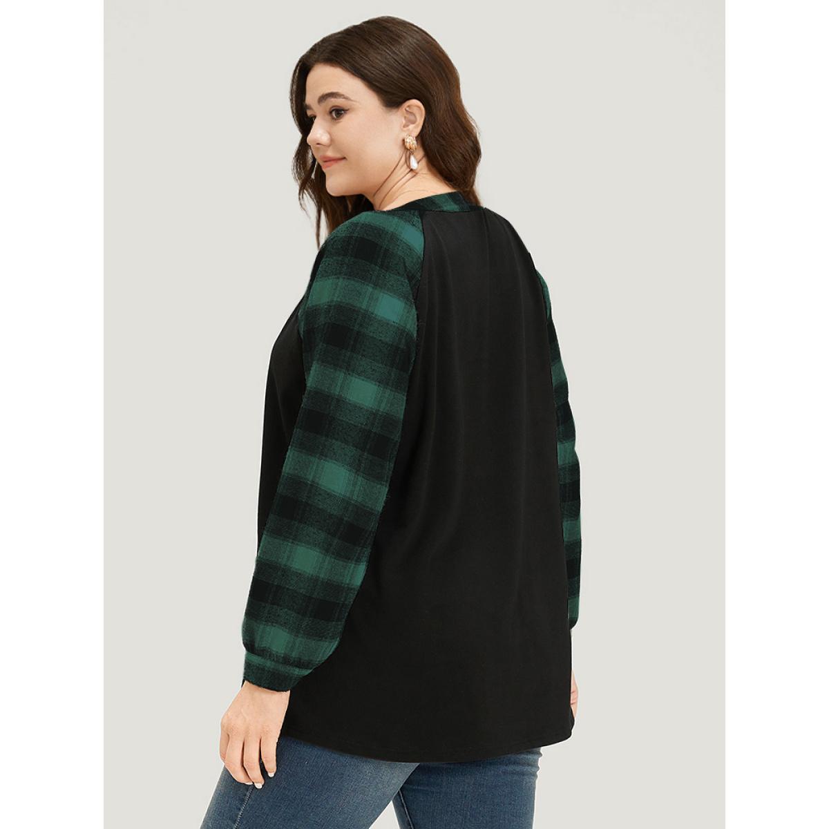 Plus Size Plaid Patchwork Notched Button Detail Sweatshirt Women Green Casual Patchwork Notched collar Everyday Sweatshirts BloomChic 22-24/3X Product Image