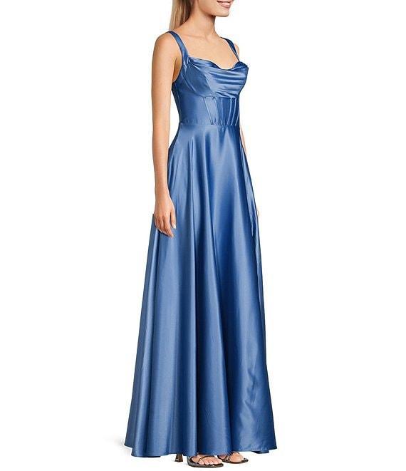 B. Darlin Cowl Neck Corset Wide Strap Sleeveless Side Slit Dress Product Image