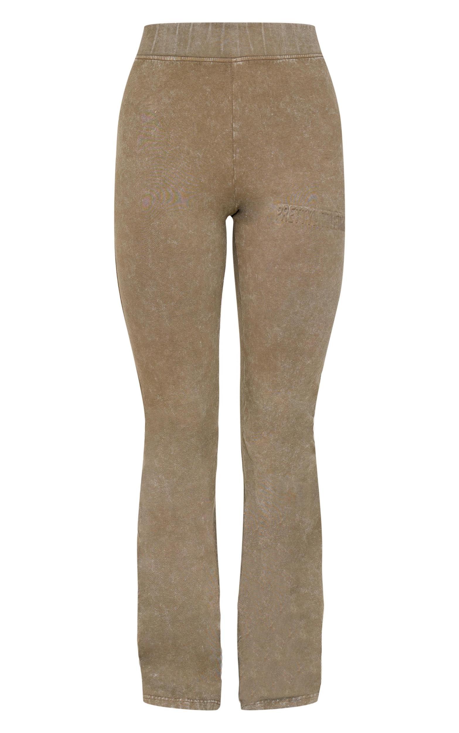 PRETTYLITTLETHING Olive Embossed Logo Washed Skinny Flare Pant Product Image