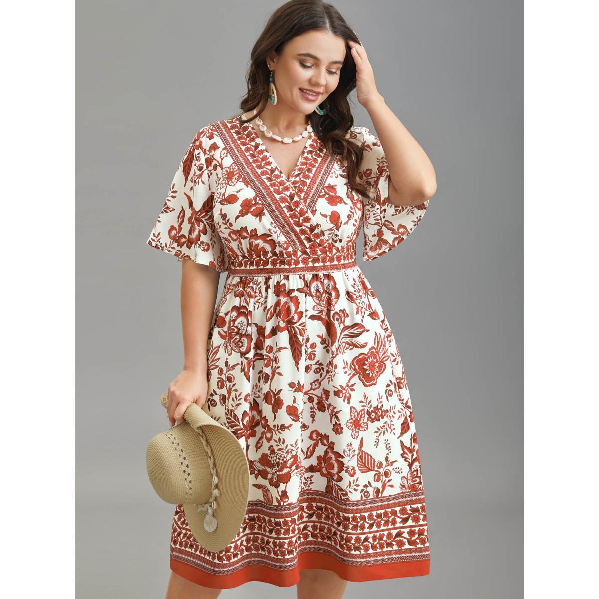 Plus Size Floral Print Wrap-Neck Pocket Midi Dress Rust Women Resort Non Overlap Collar Short sleeve Curvy BloomChic 30/6X Product Image