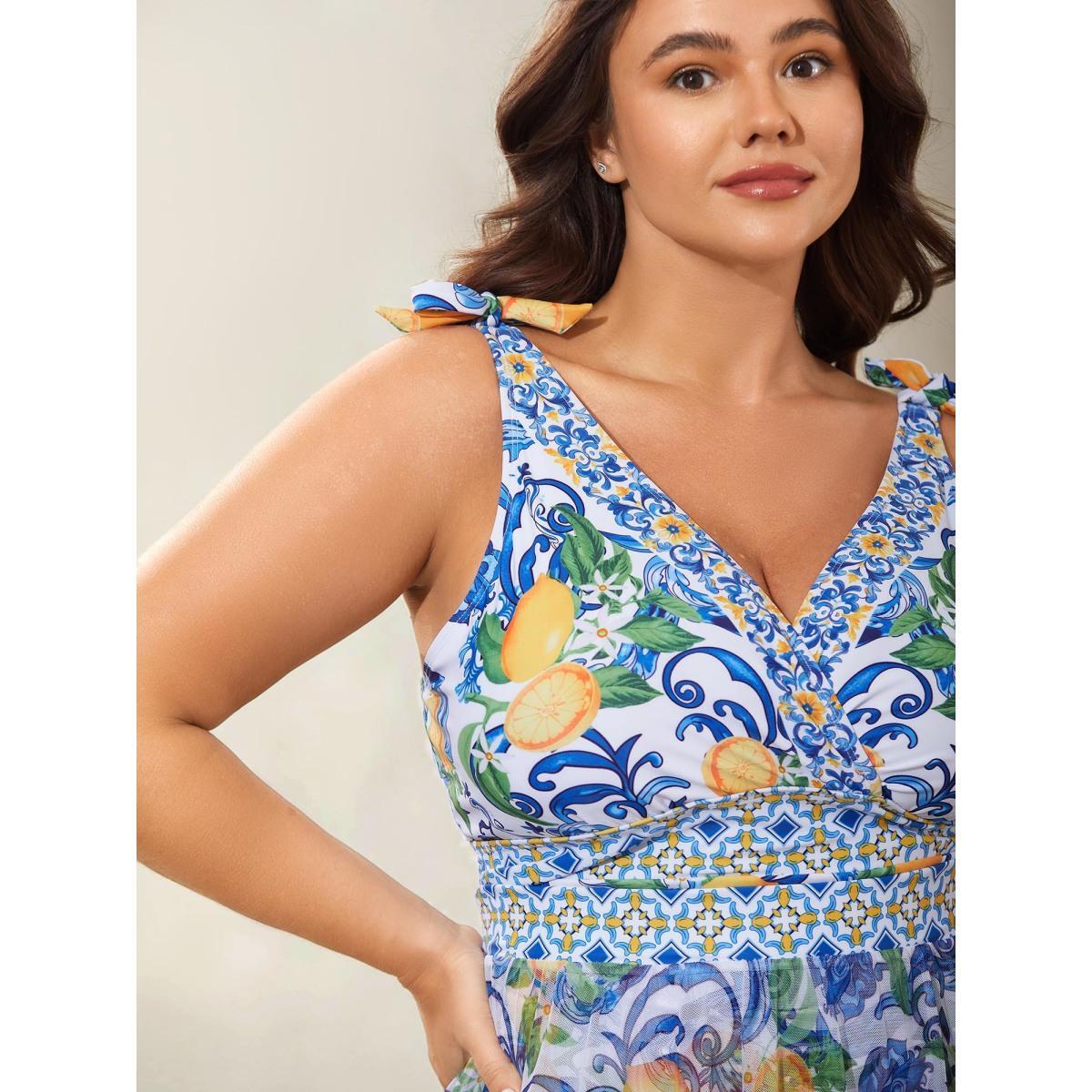 Plus Size Two-Piece Citrus Print Sarong Swimsuit Women's Swimwear Lemonyellow Beach Tie knot Curve Bathing Suits High stretch One Pieces BloomChic 14-16/1X Product Image
