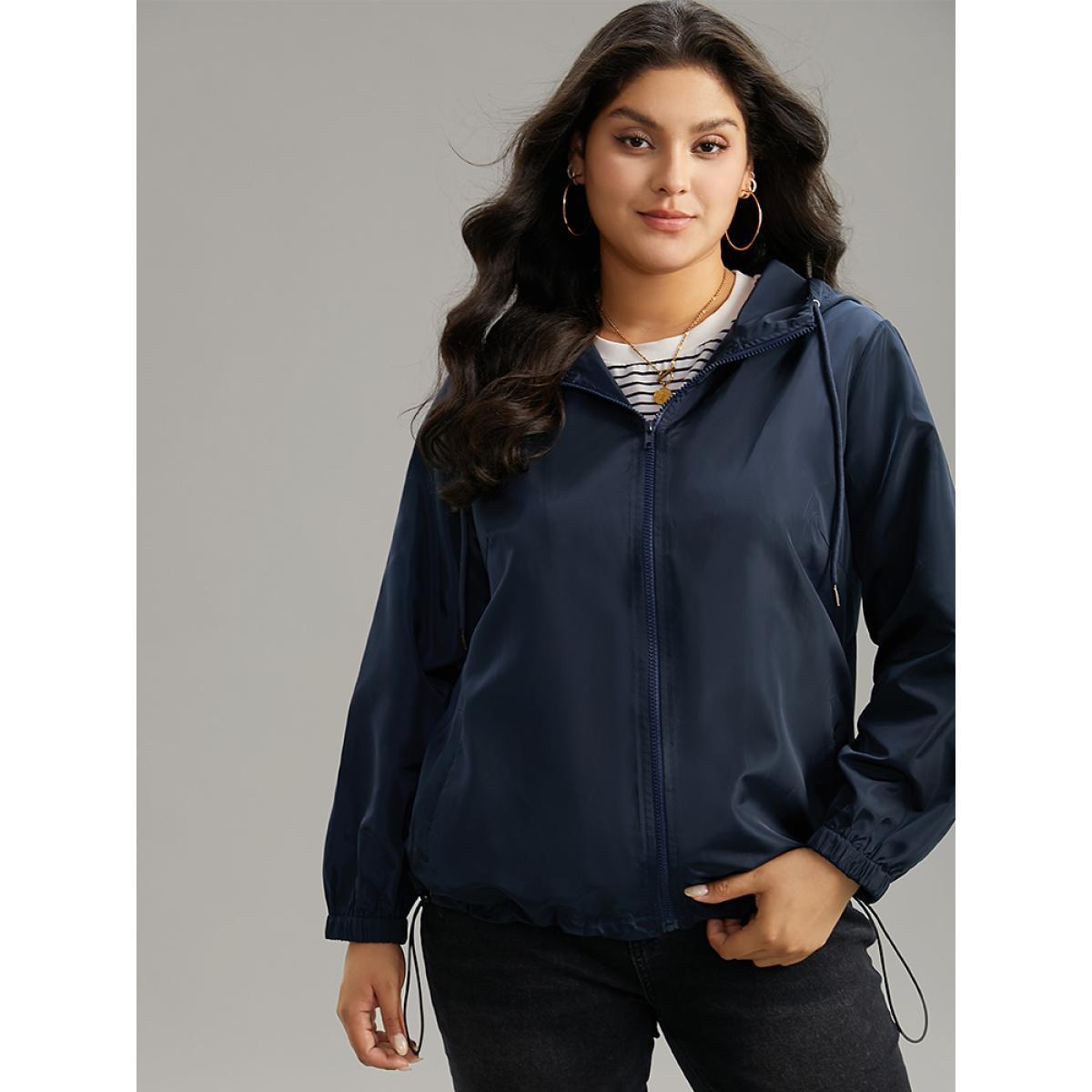 Plus Size Solid Drawstring Zipper Hooded Jacket Women Indigo Elastic cuffs Pocket Dailywear Jackets BloomChic 28/5X Product Image