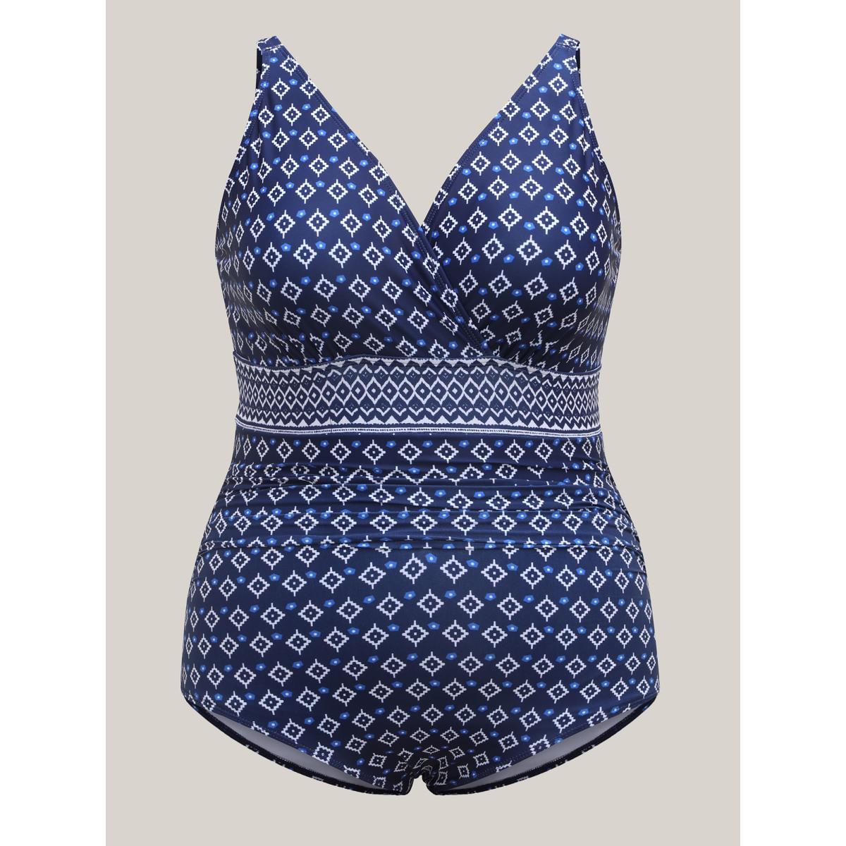Plus Size Boho Print Color Contrast One-Piece Swimsuit Women's Swimwear Indigo Beach Contrast Curve Bathing Suits High stretch One Pieces BloomChic 18-20/2X Product Image