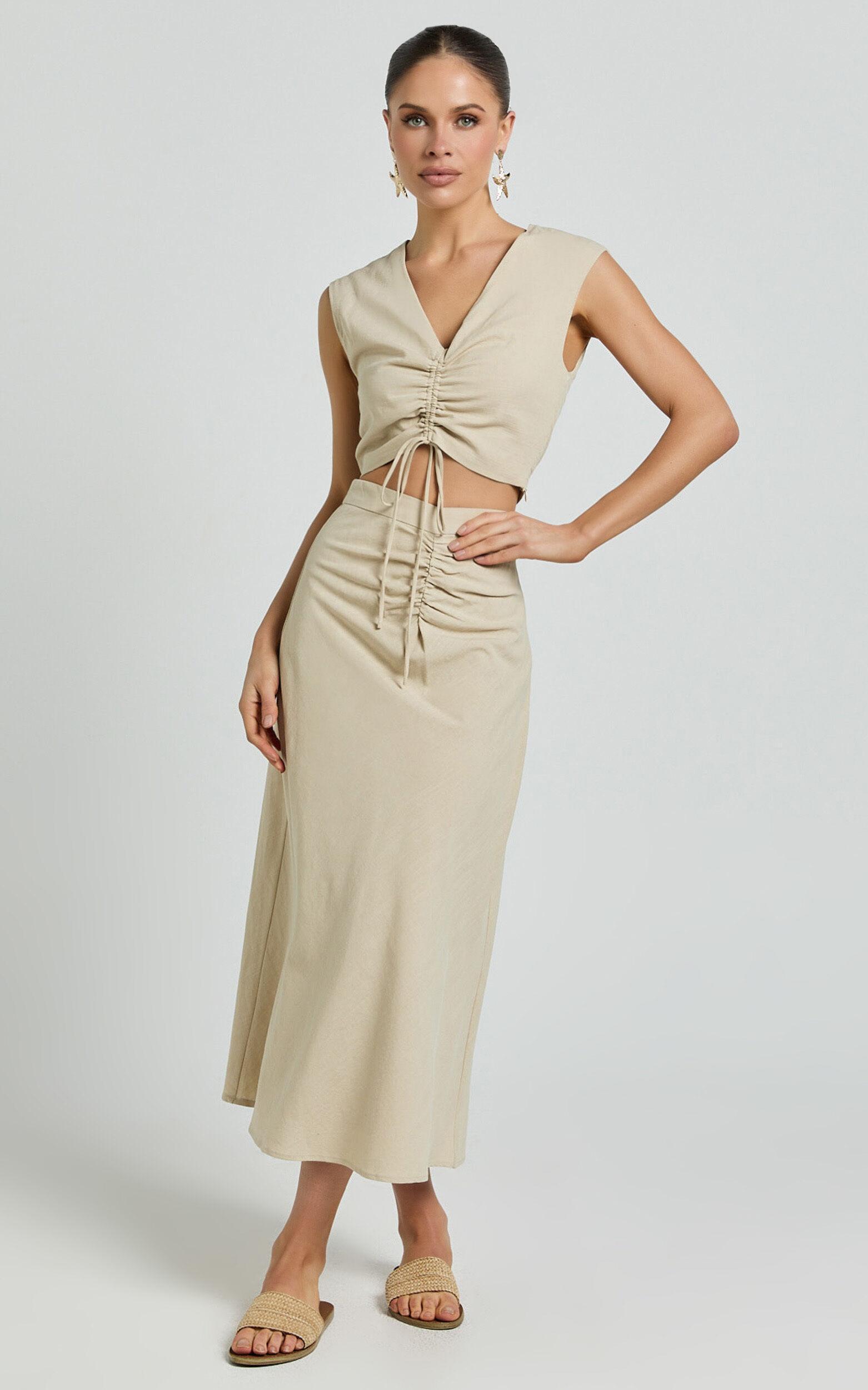 Devan Two Piece Set - Ruched Crop Top and A Line Midi Skirt Set in Sand Product Image