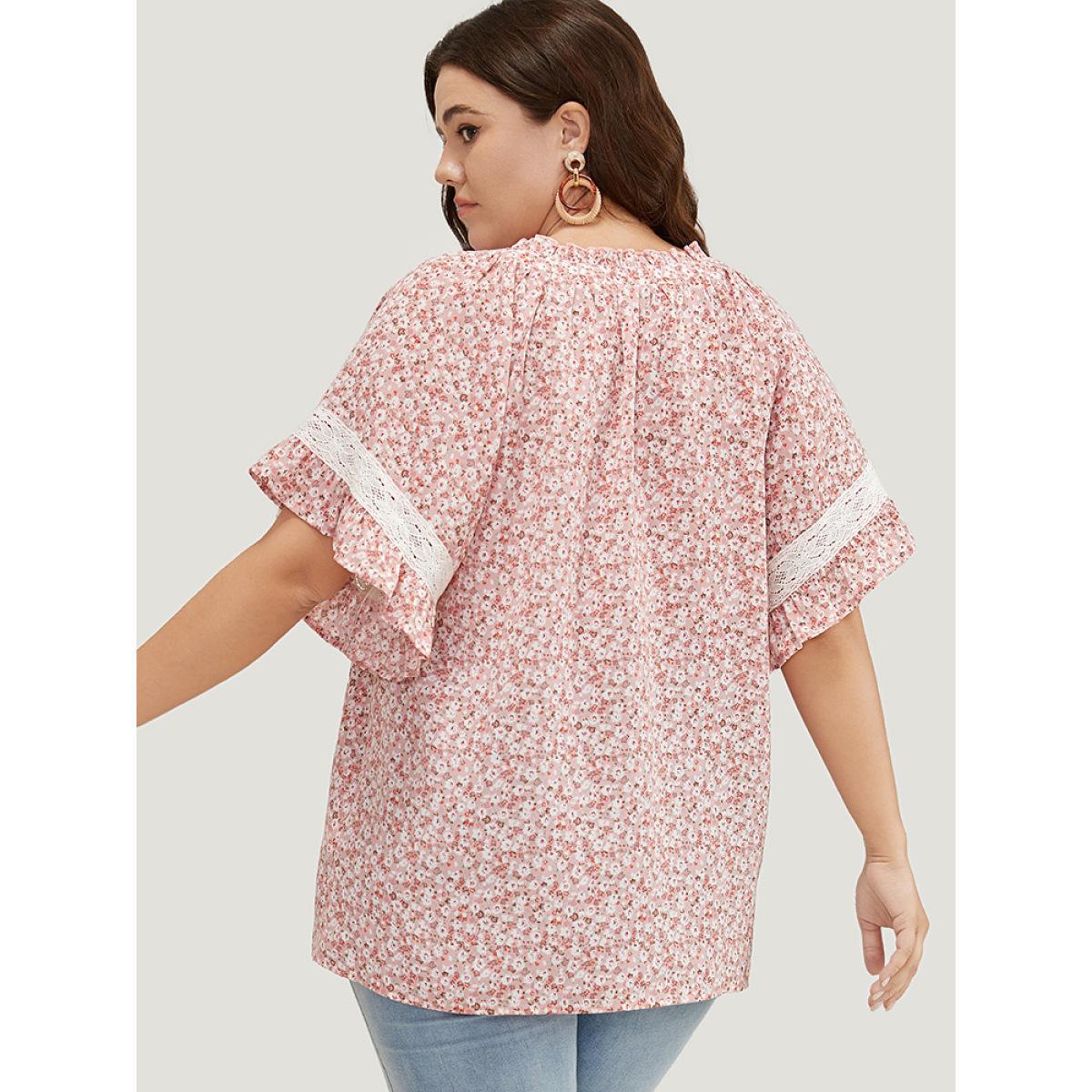 Plus Size Crepe Ditsy Floral Frill Trim Lace Ruffle Sleeve Tie Neck Blouse Women Elegant Short sleeve Tie Neck Dailywear Blouses BloomChic 12/L Product Image