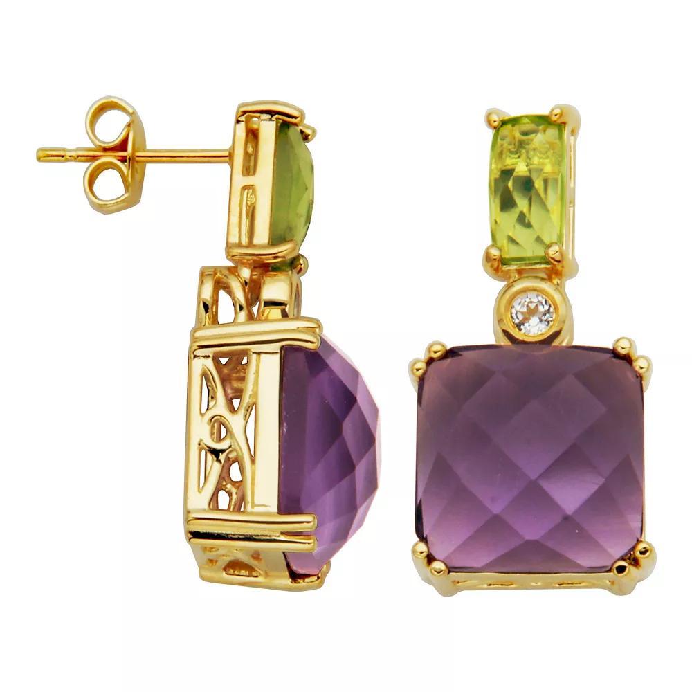 18k Gold Over Sterling Silver Amethyst and Peridot Drop Earrings, Women's, Gold Tone Product Image