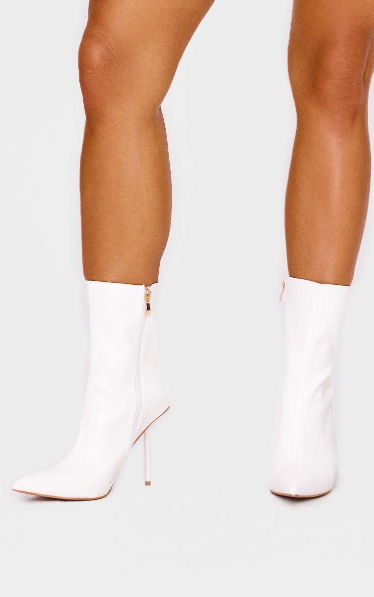 White Pu Point Toe Mid Heeled Ankle Boots Product Image