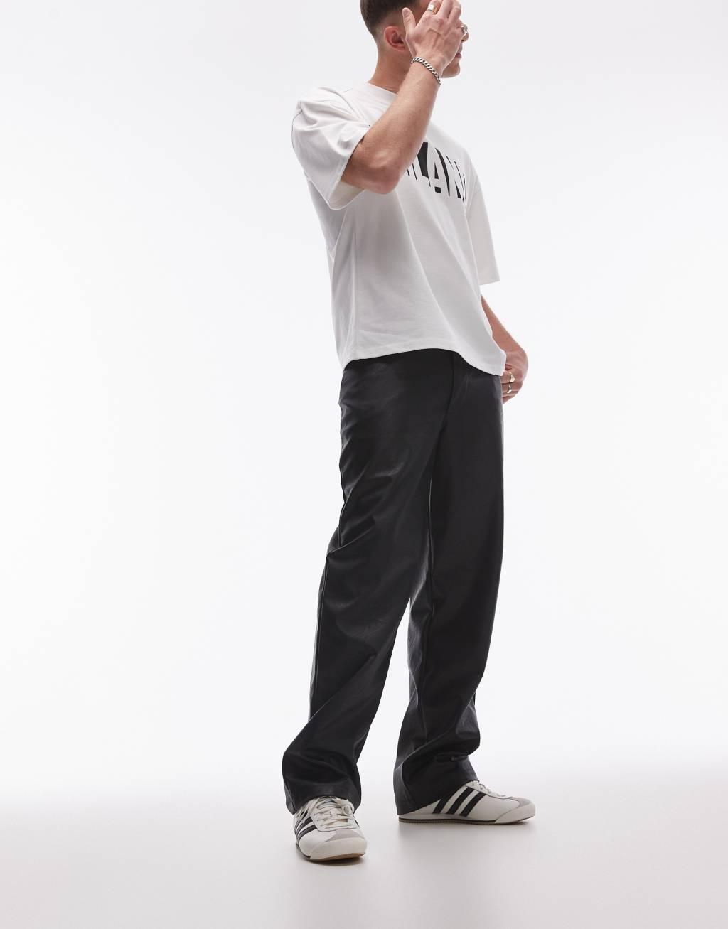 Topman wide leg faux leather pants in black Product Image
