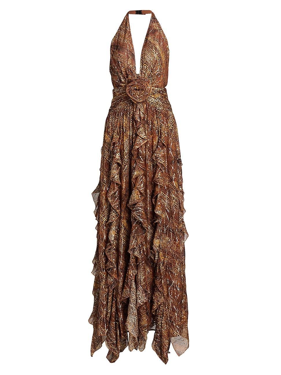 Womens Emerance Snake Ruffled Halterneck Gown Product Image