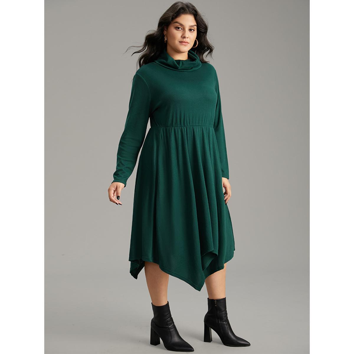 Plus Size Solid Turtleneck Hanky Hem Pocket Dress DarkGreen Women Casual Plain Turtleneck Long Sleeve Curvy Midi Dress BloomChic 18-20/2X Product Image