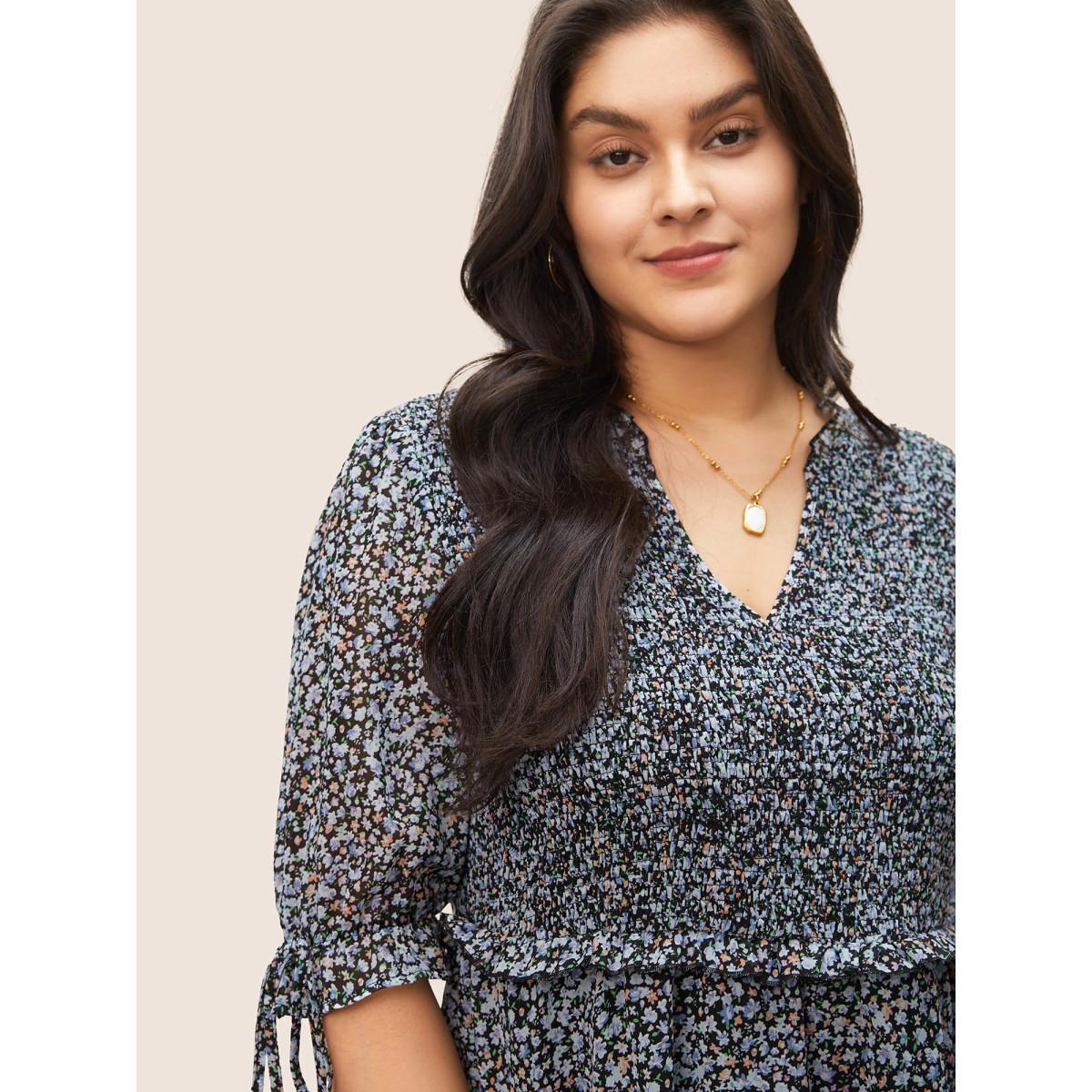 Plus Size Black Chiffon Ditsy Floral Ruffles Shirred Ties Blouse Women Elegant Short sleeve V-neck Everyday Blouses BloomChic 14-16/1X Product Image
