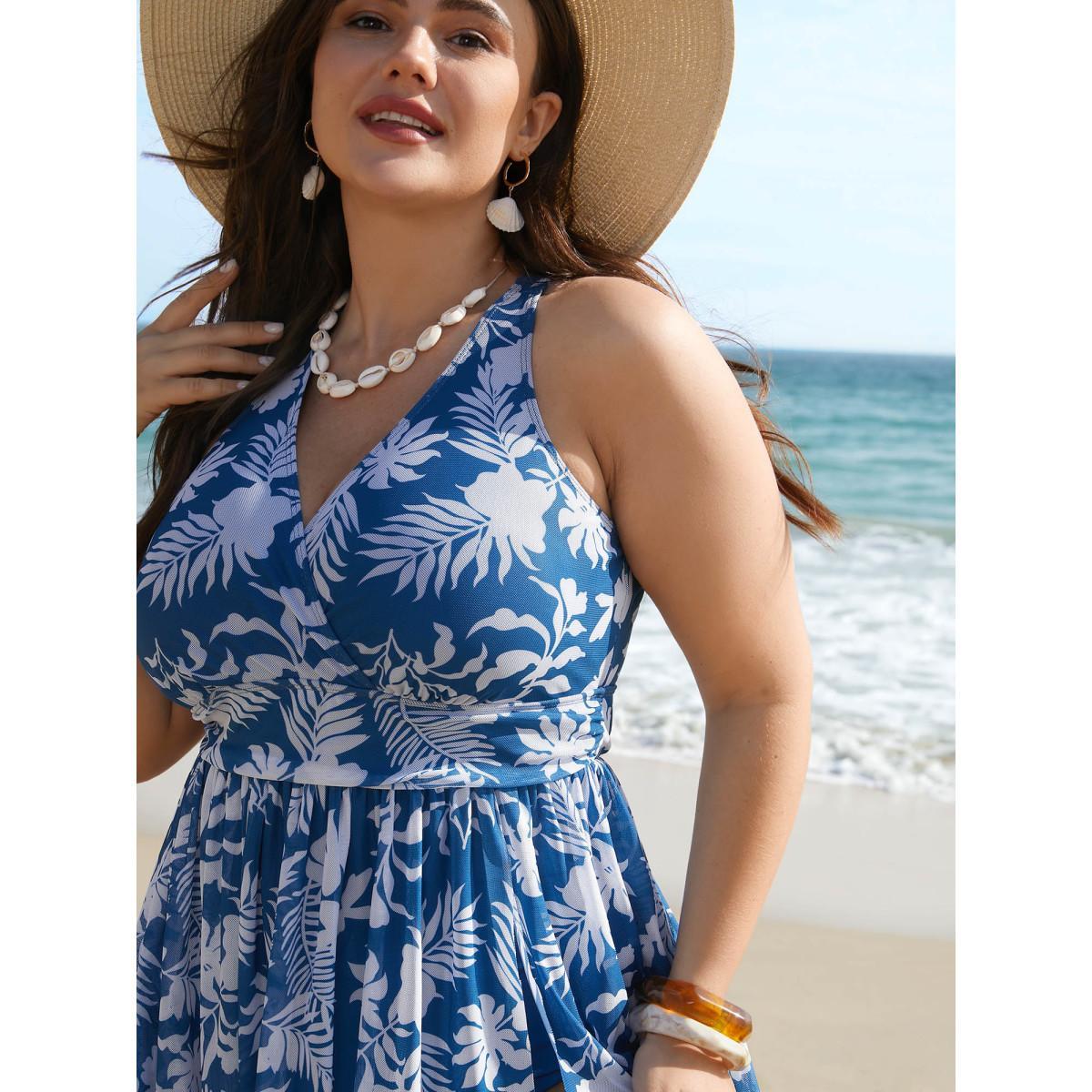 Plus Size Tropical Print Adjustable Slit Swim Dress Women's Swimwear Cerulean Beach Bodycon Overlap Collar High stretch Curve Swim Dresses BloomChic 12/L Product Image