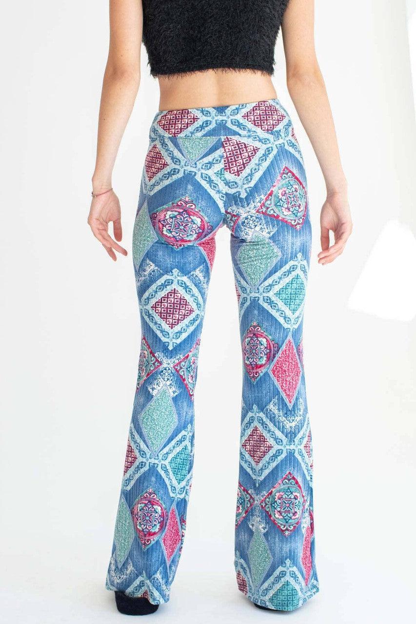 Blue Tile Print Ribbed Bell Bottoms Product Image