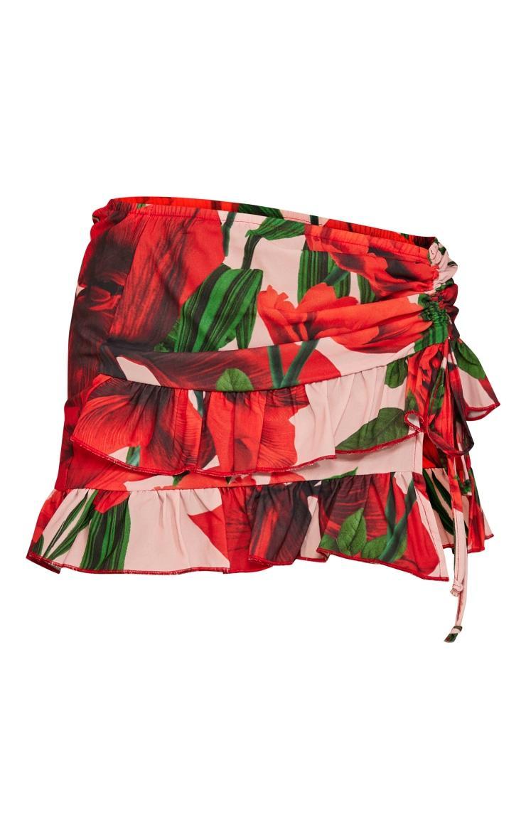 Red Floral Printed Woven Tie Side Frill Mini Skirt Product Image