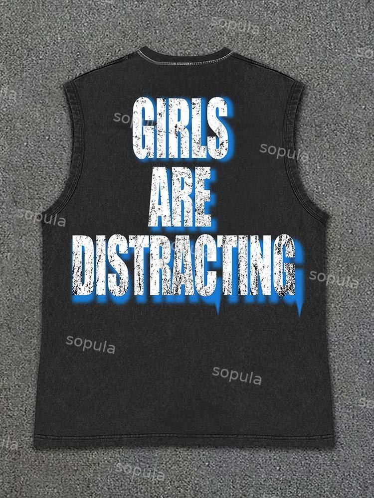 Men's Girls Will Distract Attention Print Vintage Wash Sleeveless Tank Top Product Image
