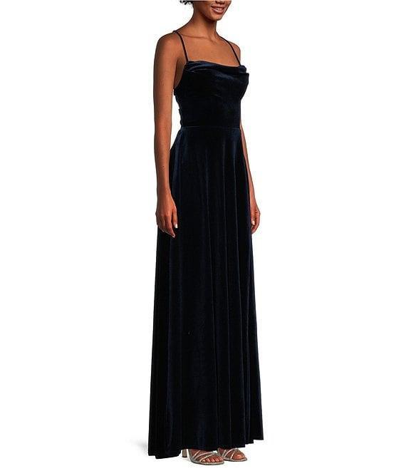 B. Darlin Spaghetti Strap Lace Up Back Stretch Velvet Dress Product Image