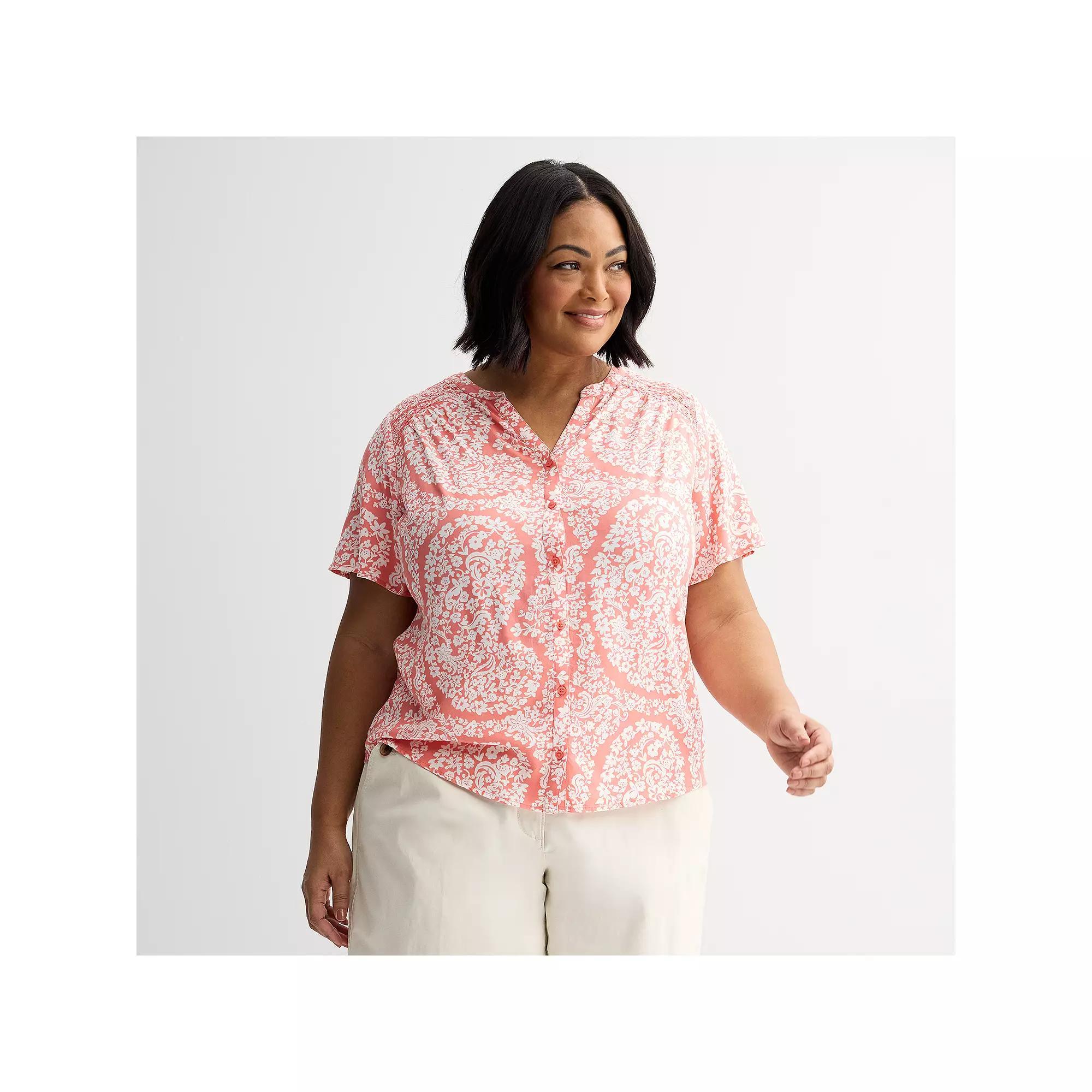 Plus Size Croft & Barrow® Short Sleeve Femme Blouse, Women's, Size: 3XL, Navy Pink Floral Product Image