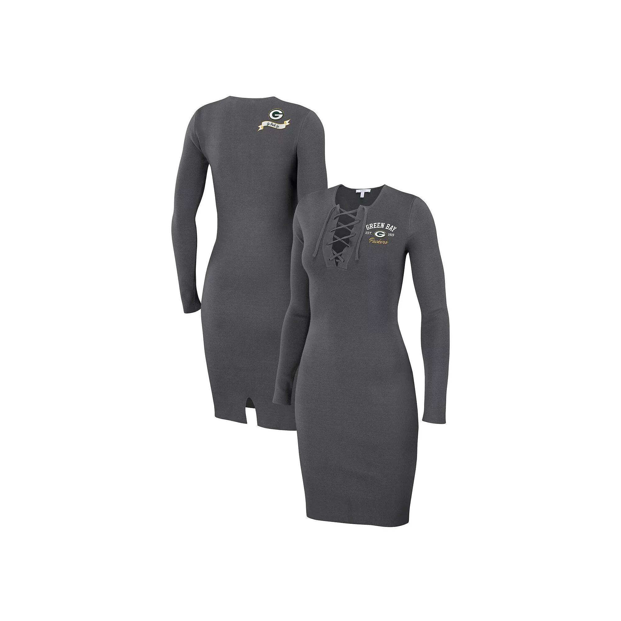 Women's WEAR by Erin Andrews Charcoal Green Bay Packers Lace Up Long Sleeve Dress, Size: 2XL Product Image