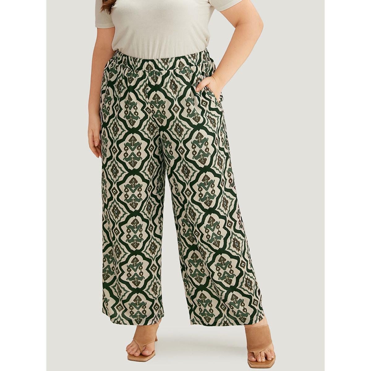 Plus Size Boho Print Pocket Elastic Waist Pants Women ArmyGreen Resort Straight Leg High Rise Vacation Pants BloomChic 12/L Product Image