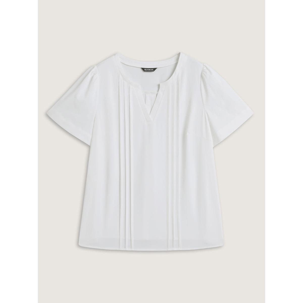 Plus Size Ivory Toothpick Pleats Notched Collar Solid Blouse Women Short sleeve Notched collar Work Blouses BloomChic 28/5X Product Image
