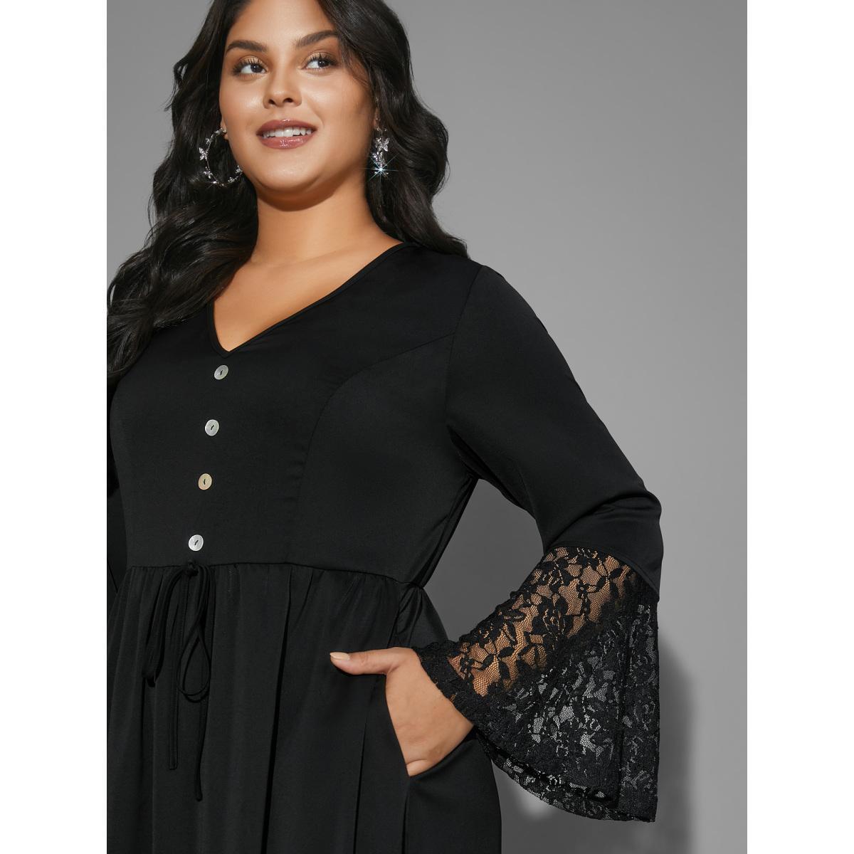 Plus Size Lace Patchwork Button Detail Tie Knot Dress Black Women Cocktail Woven ribbon&lace trim Party Curvy Bloomchic 28/5X Product Image