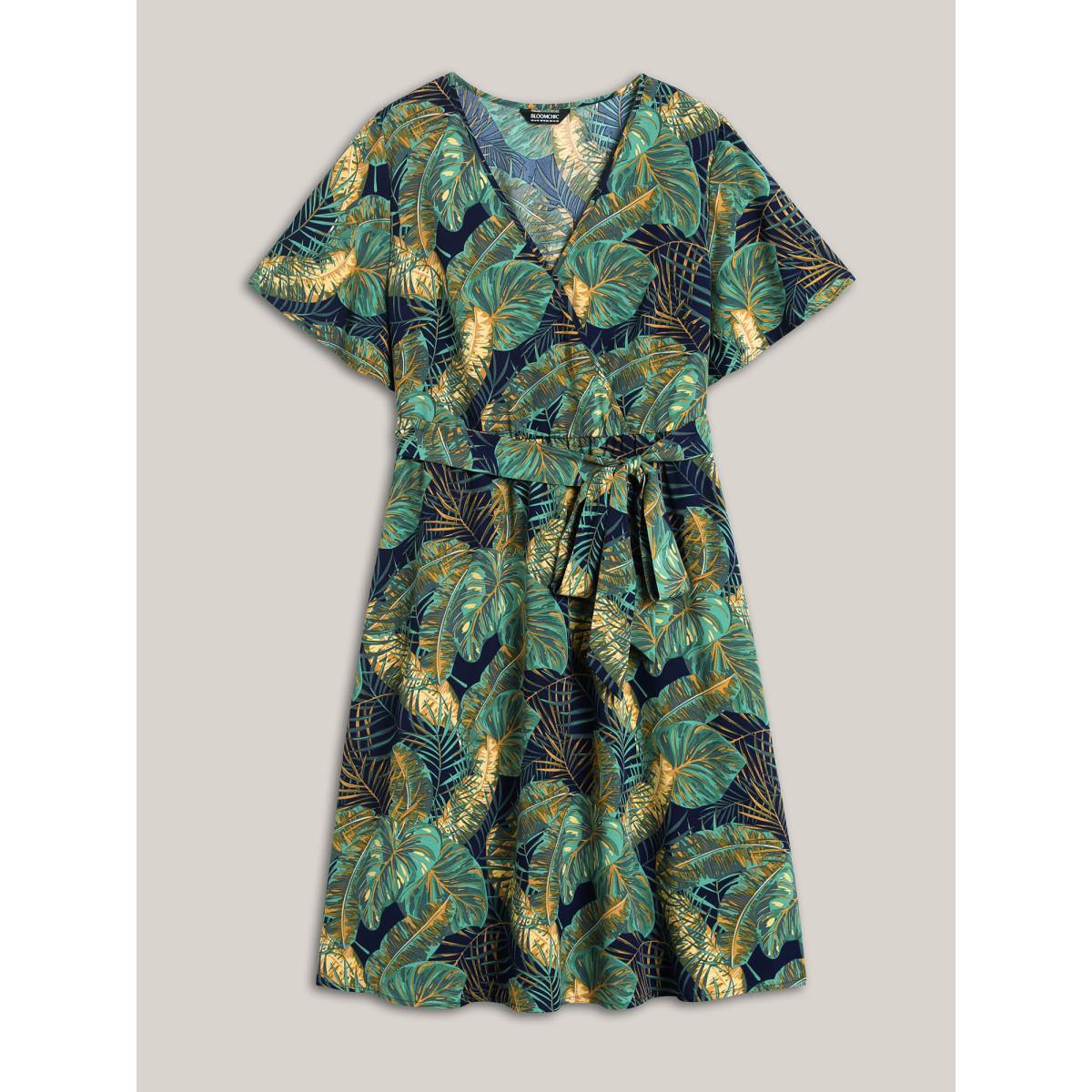 Plus Size Tropical Print Belted Pocket Midi Dress Navy Women Overlap Collar Short sleeve Curvy BloomChic 22-24/3X Product Image