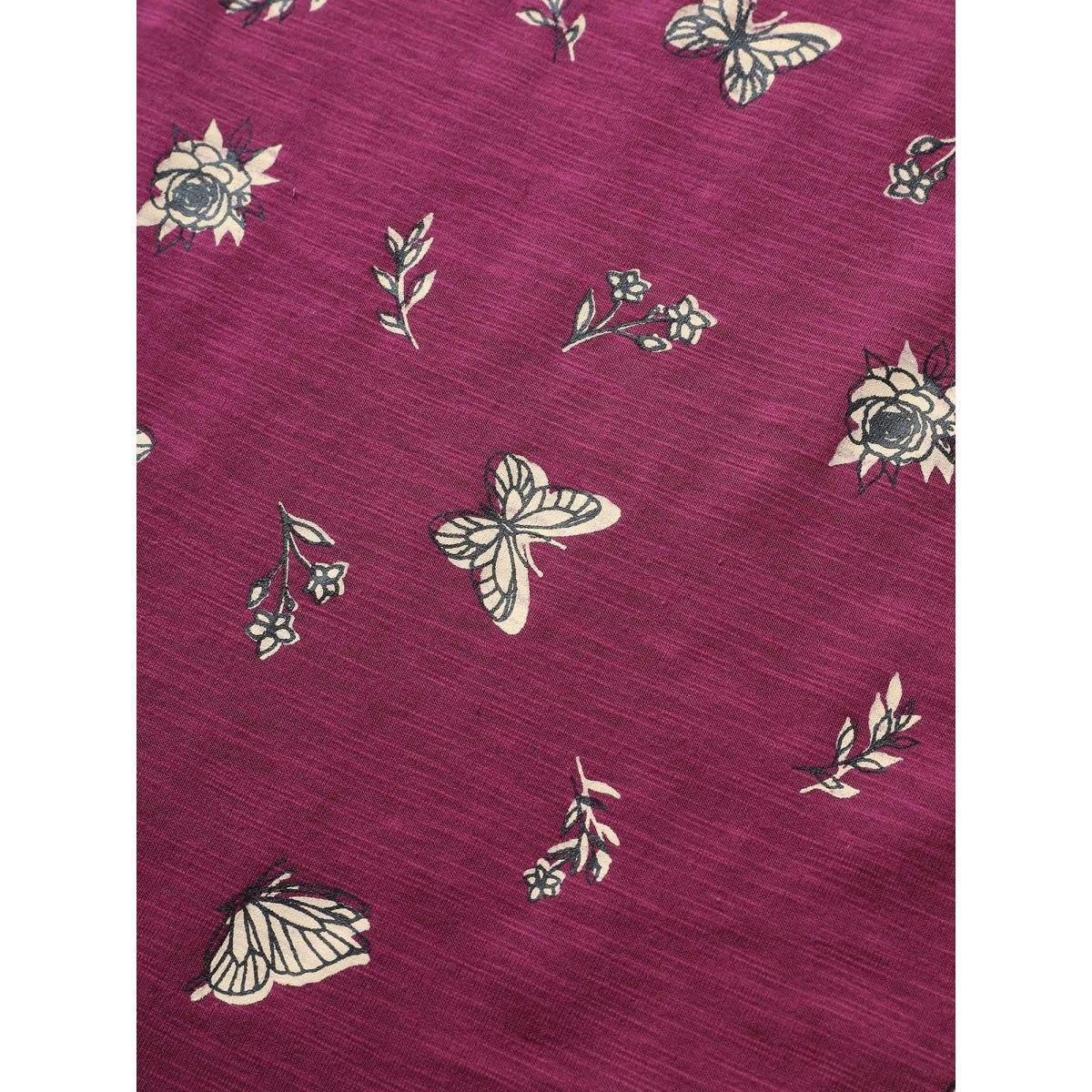 Plus Size Butterfly Print Cuffed Sleeve T-shirt Purple Women Resort Non Animal Round Neck Vacation T-shirts BloomChic 10/M Product Image