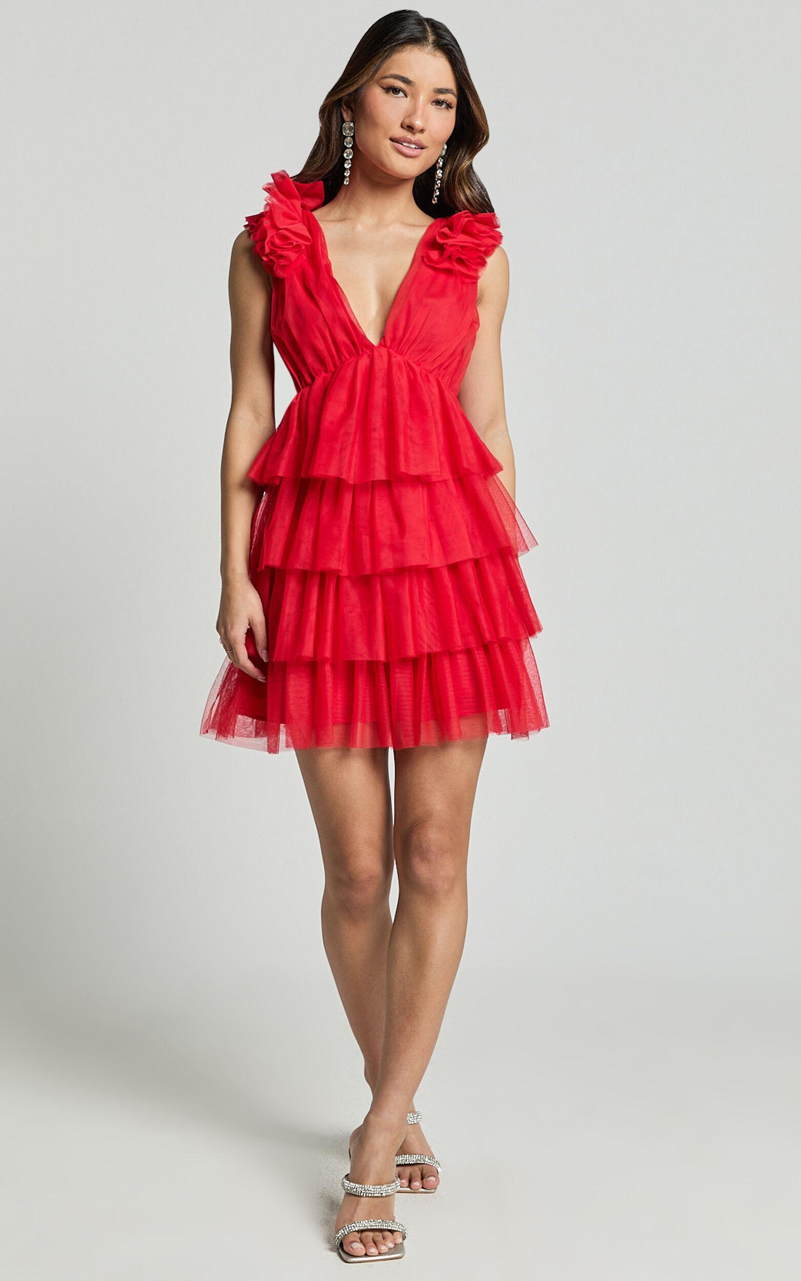 Hayden Mini Dress - Low Back Tulle Tiered Dress in Red Product Image