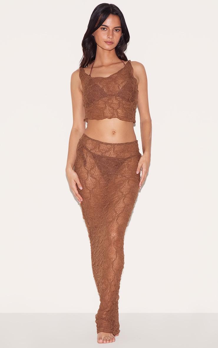 Chocolate Textured Mesh Knot Detail Asymmetric Beach Top Product Image