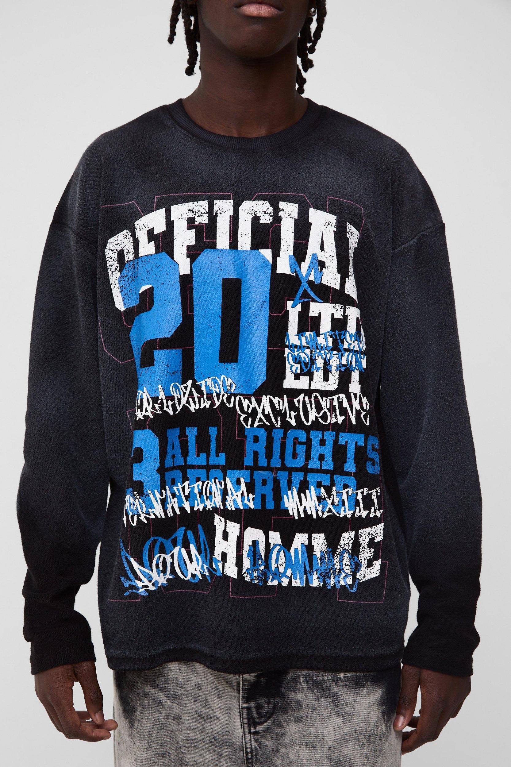 Oversized Reverse Loopback Official Print Long Sleeve Spray Wash T-Shirt | boohooMAN USA Product Image