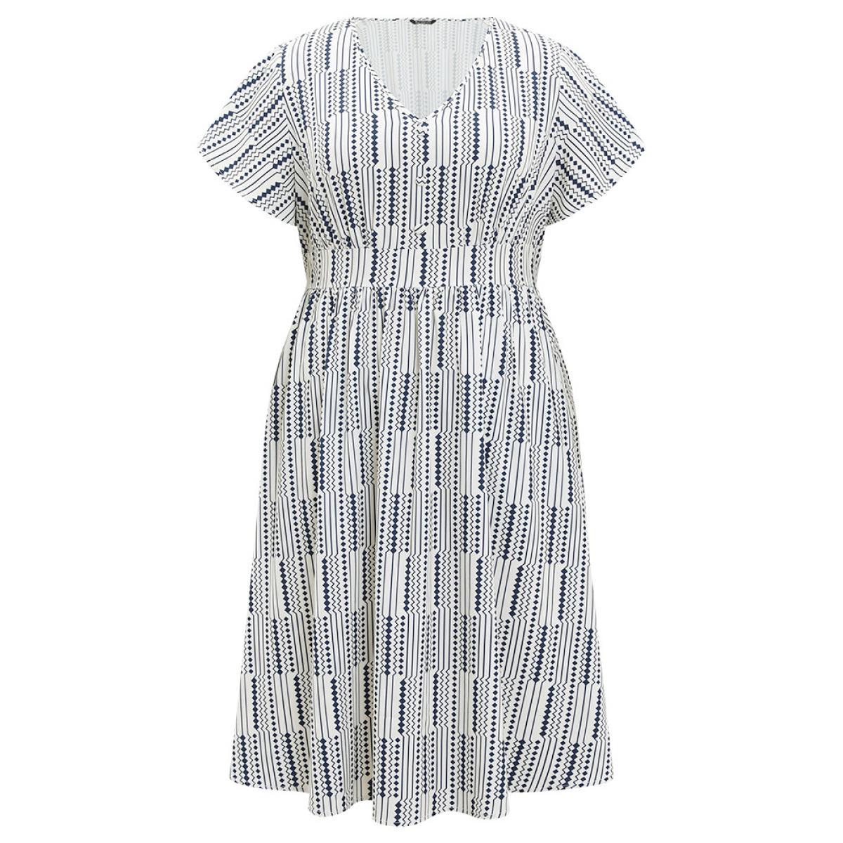 Plus Size Geometric Print Button Detail Pocket Ruffle Sleeve Dress Blue Women Elegant Elastic Waist V-neck Short sleeve Curvy Midi Dress BloomChic 22-24/3X Product Image