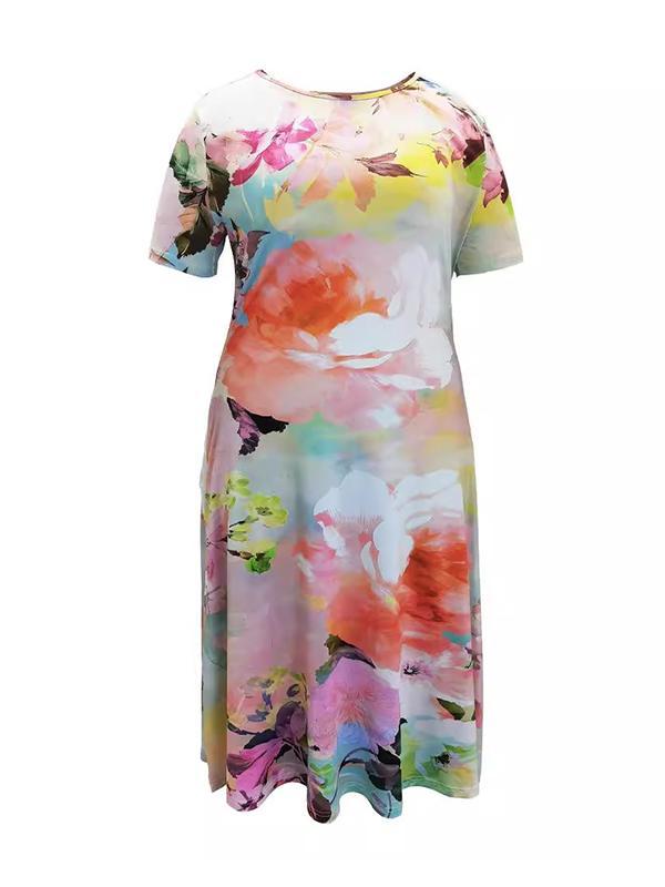 A-Line Loose Flower Print Pockets Round-Neck Midi Dresses Product Image