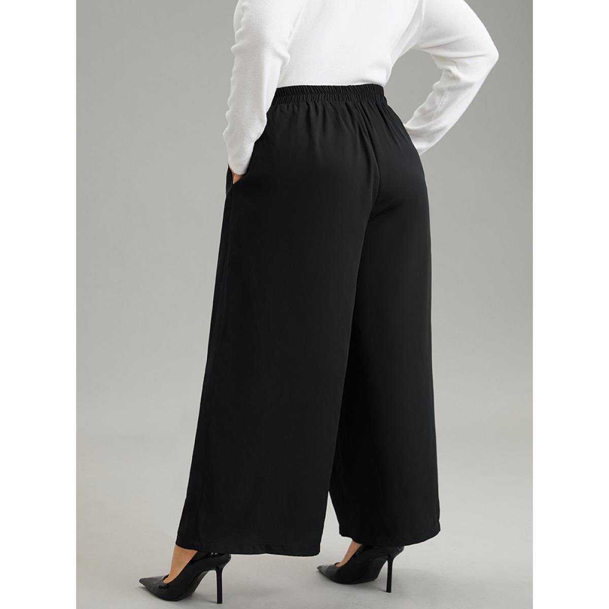 Plus Size Solid Chiffon Elastic Waist Wide Leg Pants Women Black Elegant Wide Leg High Rise Dailywear Pants BloomChic 28/5X Product Image