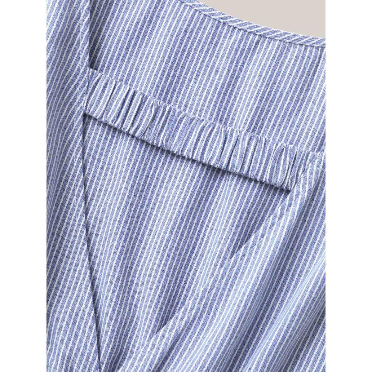 Plus Size LightBlue Backless Bow Tie Stripe Print Cinched Blouse Women Half Sleeve Boat Neck Everyday-Casual Blouses BloomChic 18-20/2X Product Image