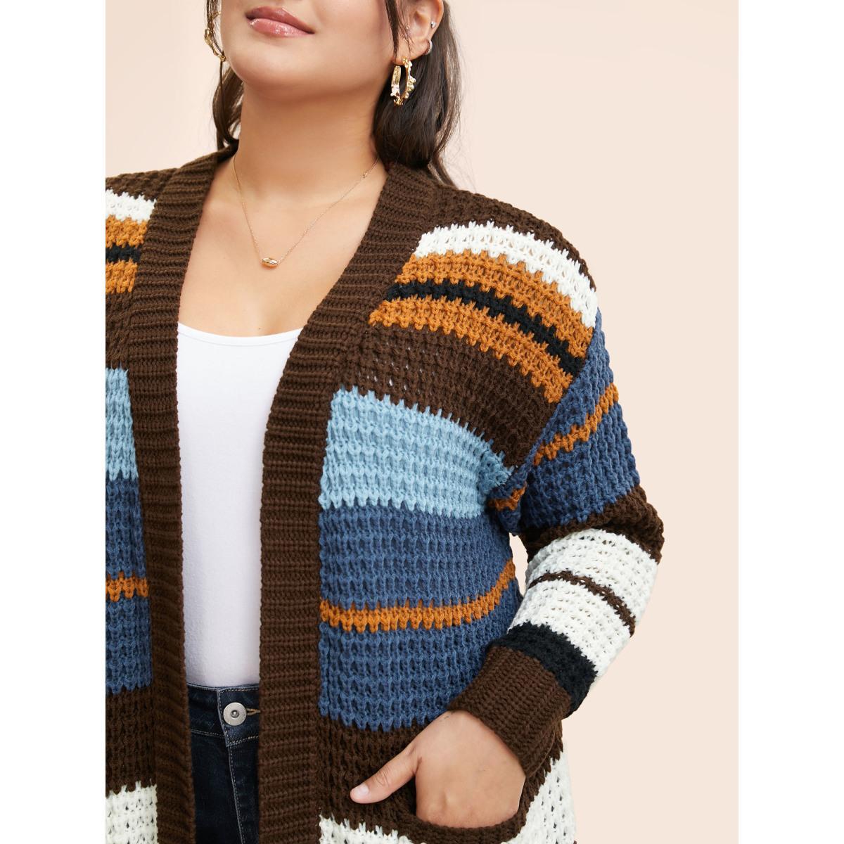 Plus Size Colorblock Contrast Patched Pocket Cardigan DarkBrown Women Casual Loose Long Sleeve Everyday Cardigans BloomChic 18-20/2X Product Image