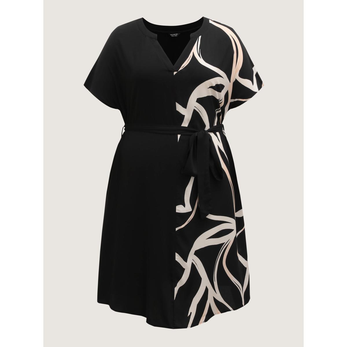 Plus Size Abstract Contrast Curvy Hem Belted Midi Dress Black Women Flat collar with V-notch Sleeveless Curvy BloomChic 28/5X Product Image