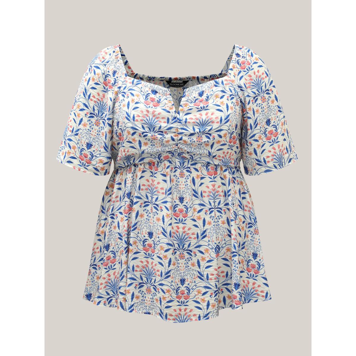 Plus Size Skyblue Floral Print Ruched Bodice Blouse Women Half Sleeve Notched collar Everyday-Elegant Blouses BloomChic 26/4X Product Image