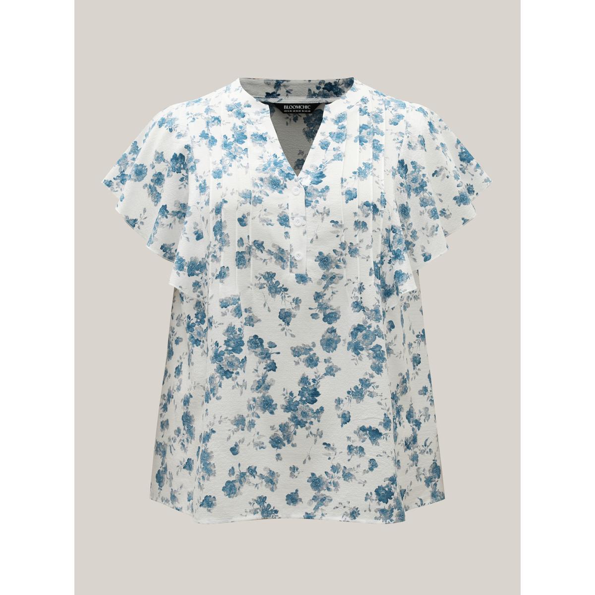 Plus Size Originalwhite Floral Toothpick Pleat Sheer Blouse Women Short sleeve Notched collar Everyday-Elegant Blouses BloomChic 12/L Product Image