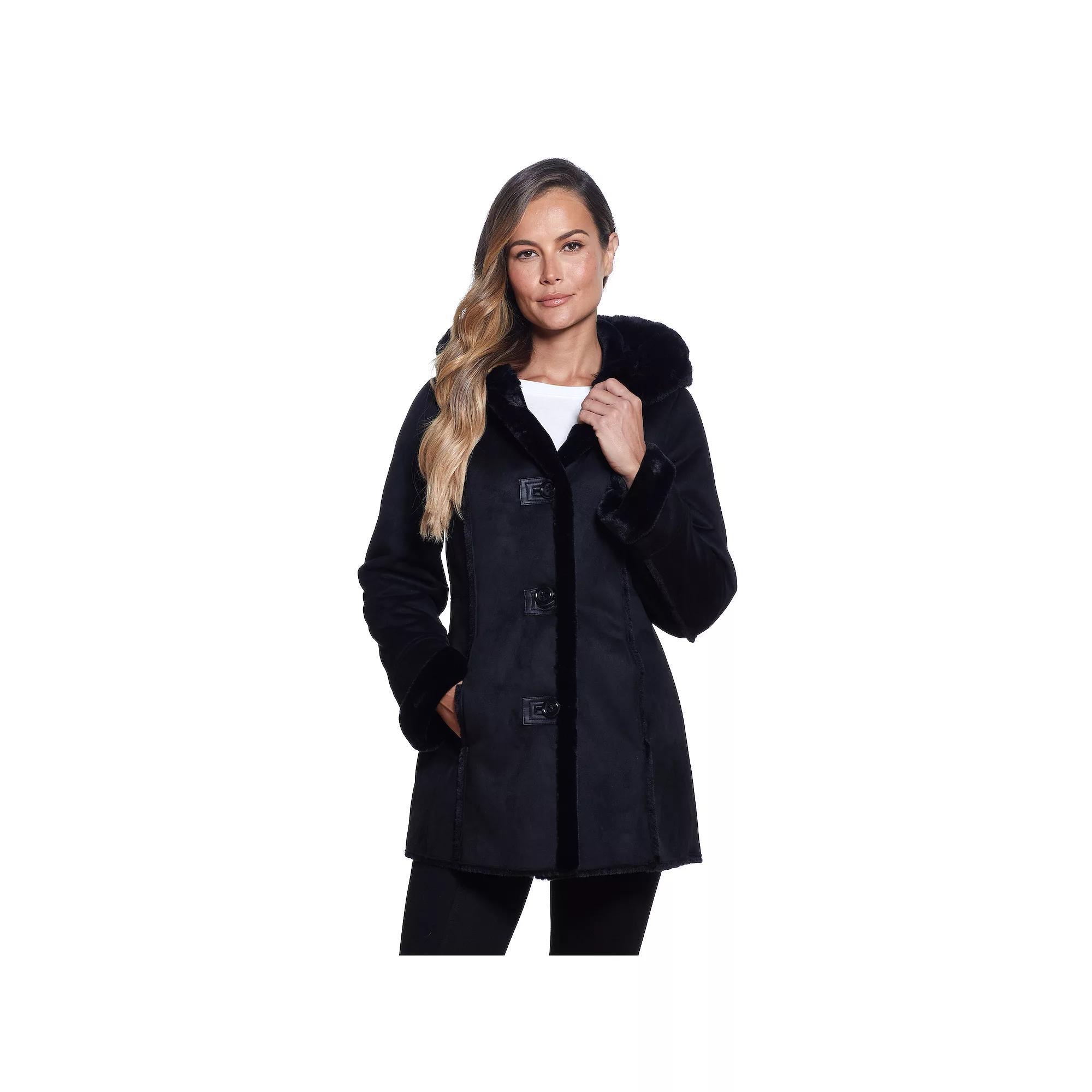 Women's Gallery Hooded Faux-Fur Coat, Size: Medium, Black Product Image