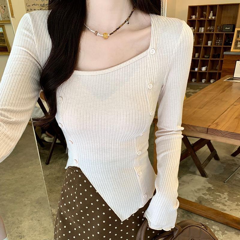 Long Sleeve Square Neck Plain Ribbed Knit Cropped Top Product Image