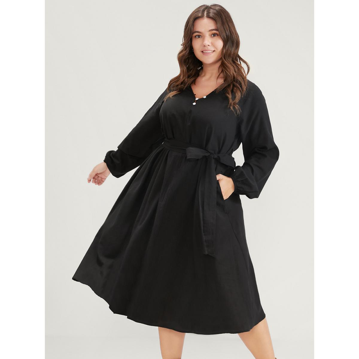 Plus Size Solid Belted Lantern Sleeve Button Up Pocket Midi Dress Black Women Office Belted V-neck Long Sleeve Curvy Midi Dress BloomChic 26/4X Product Image
