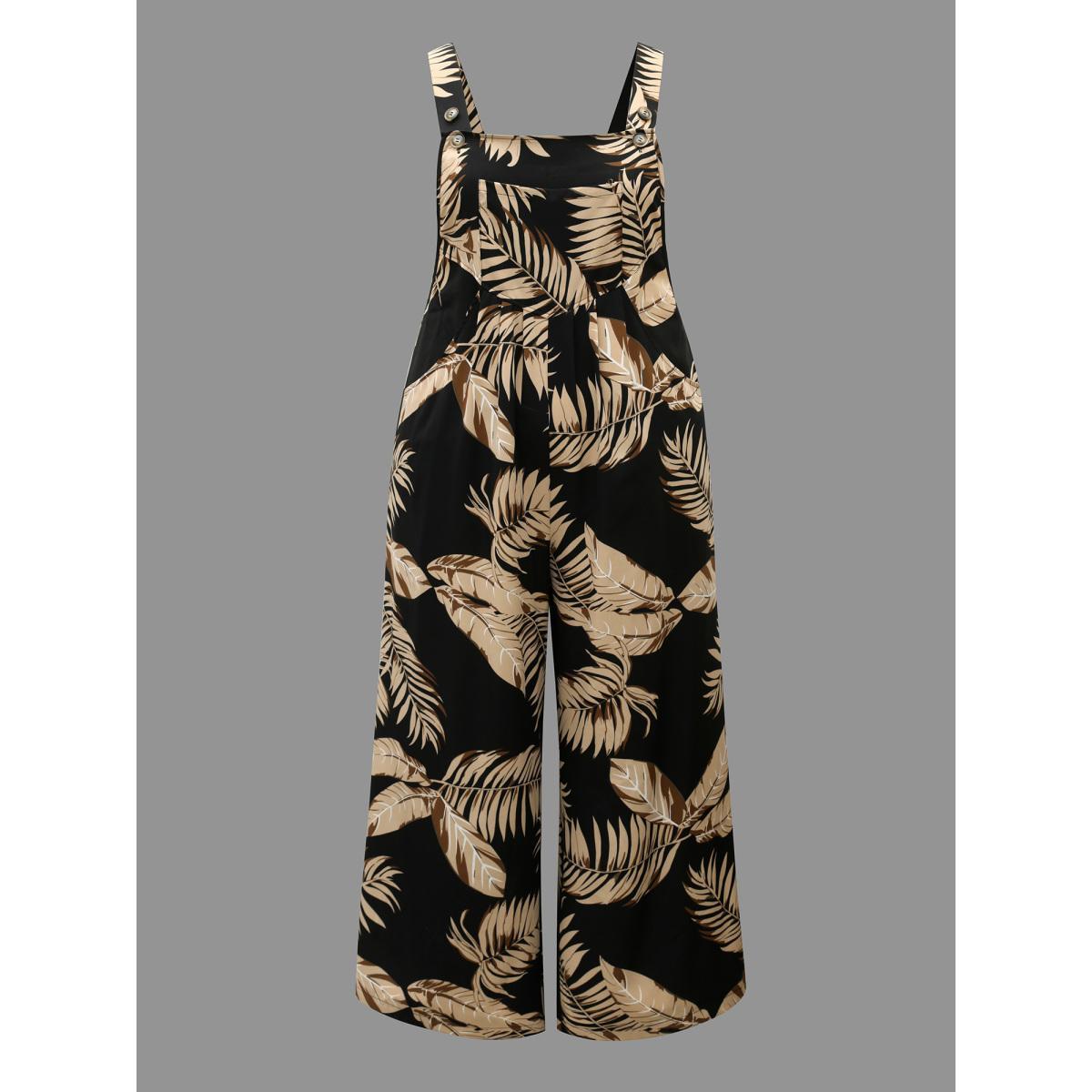 Plus Size Black Tropical Leaf Print Overall Straps Jumpsuit Women Elegant Sleeveless Non Everyday-Elegant Loose Jumpsuits BloomChic 28/5X Product Image