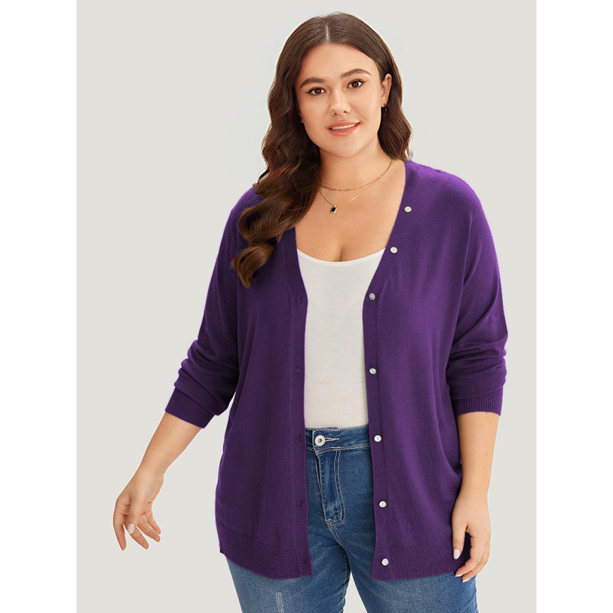 Plus Size Supersoft Essentials Plain Button Detail Very Stretchy Cardigan Blackcurrant Women Casual Loose Long Sleeve Everyday Cardigans BloomChic 12/L Product Image