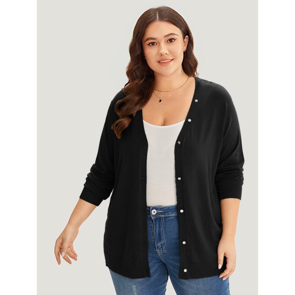 Plus Size Supersoft Essentials Plain Button Detail Very Stretchy Cardigan Black Women Casual Loose Long Sleeve Everyday Cardigans BloomChic 28/5X Product Image