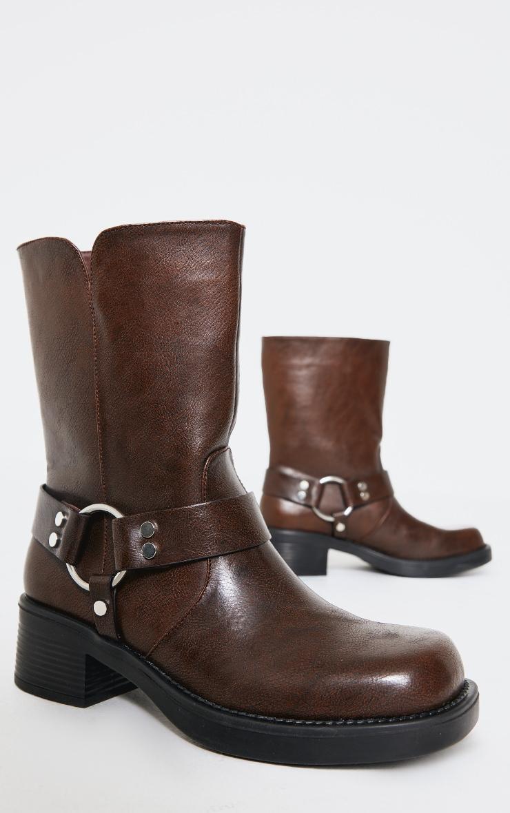 Brown PU Round Toe Buckle Harness Detail Ankle Boots Product Image