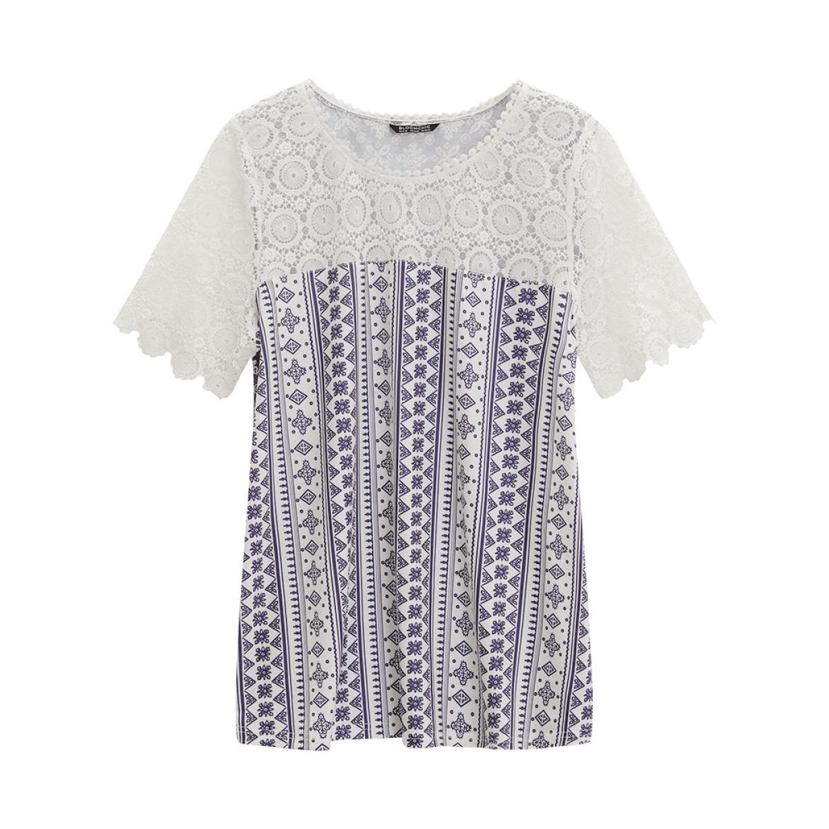 Plus Size Bandana Print Lace Patchwork Pompom Trim T-shirt DarkBlue Women Elegant Lace Bohemian Print Round Neck Dailywear T-shirts BloomChic 10/M Product Image
