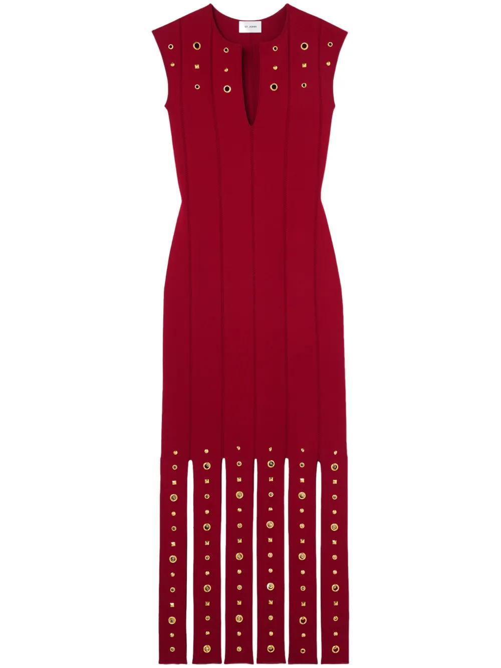 ST JOHN Embellished Eyelet Sleeveless Dress In Haute Red Product Image