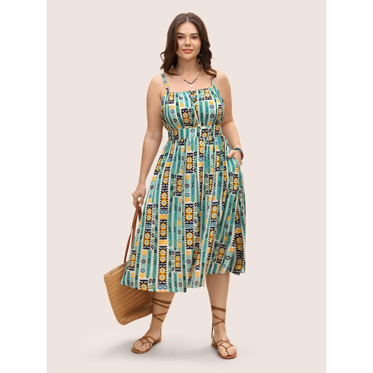 Plus Size Geometric Bandana Print Tie Knot Midi Dress Emerald Women Resort Tie knot Non Sleeveless Curvy BloomChic 26/4X Product Image