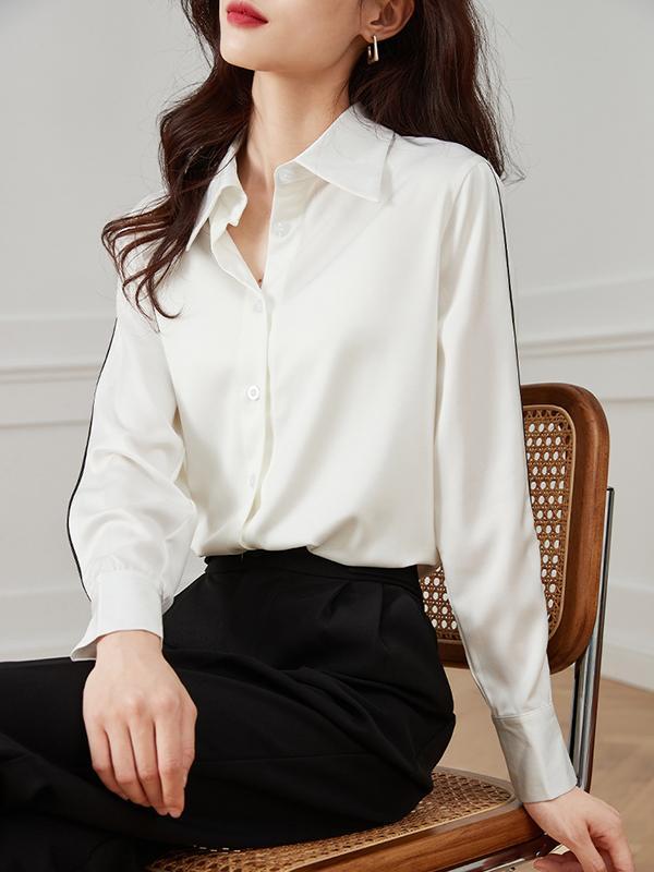 Long Sleeves Loose Buttoned Contrast Color Lapel Blouses&Shirts Tops Product Image