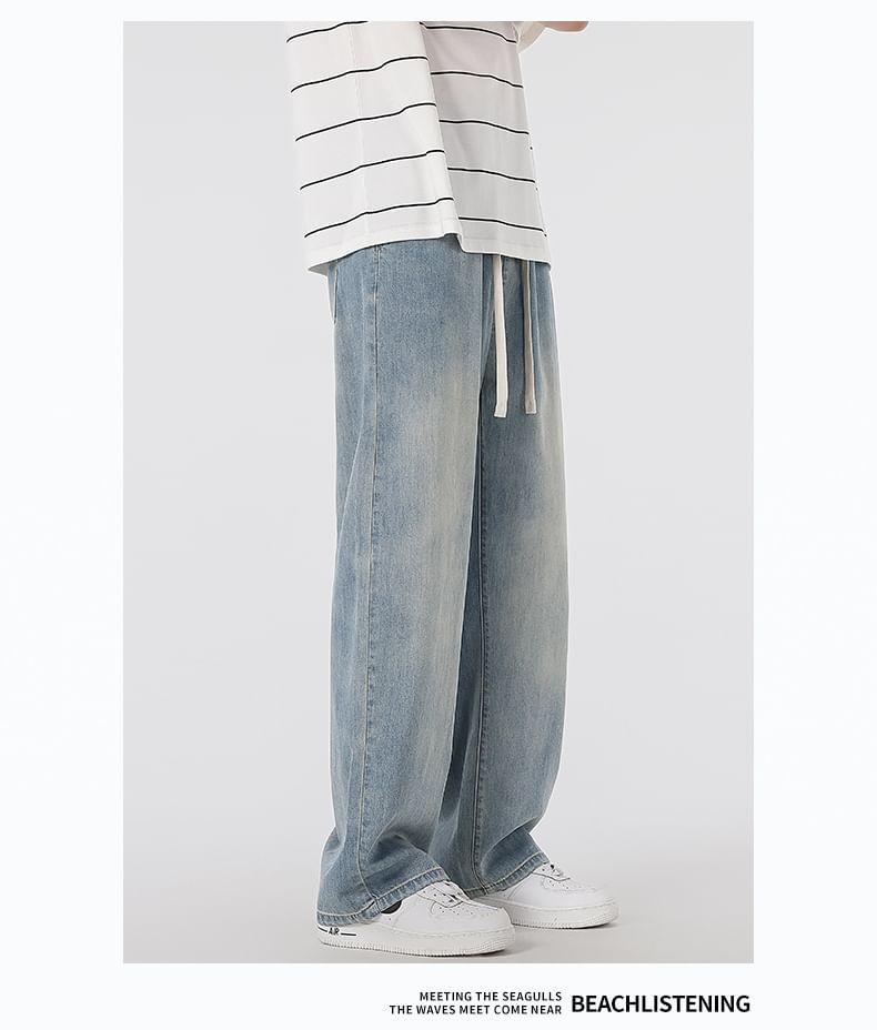 Drawstring Waist Washed Straight Leg Jeans Product Image